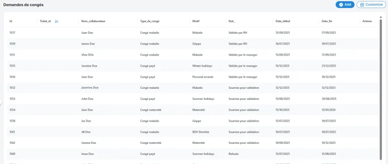 Dashboard RH - liste congés